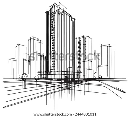 High rise building sketch. Line art