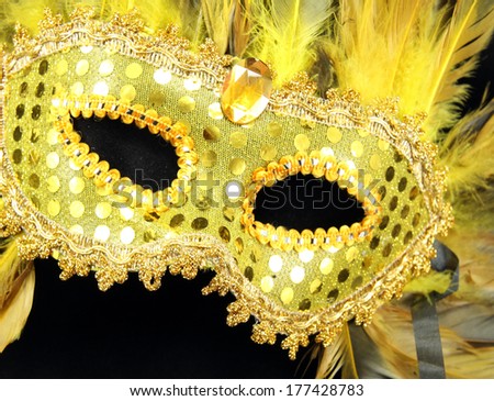A gold Mardi Gras mask with gold and black feathers at an angle.