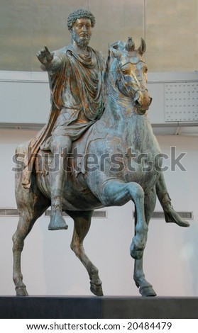 The original bronze statue of Emperor Marcus Aurelius, created in 176 AD, in the Rome Capitoline Museum.