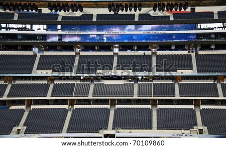 ARLINGTON - JAN 26: A view of the FOX Sports super bowl broadcast press box and triplets ring of honor in Cowboys Stadium in Arlington, Texas. Taken January 26, 2011 in Arlington, TX.