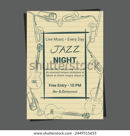Instruments hand drawn music retro promo page flyer poster for events club pub bar template design.