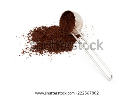A pile of ground coffee and a spoon isolated on white