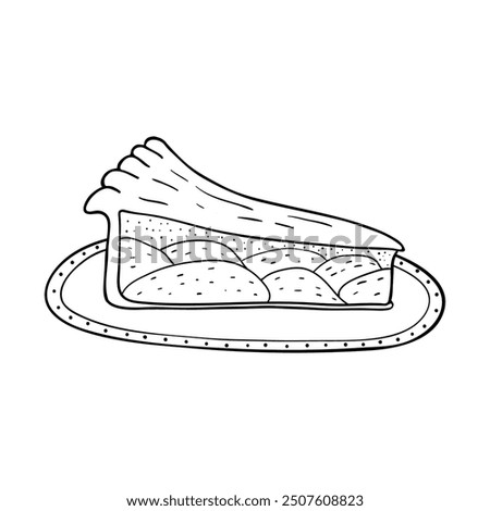 Fresh baked apple pie in doodle engraved sketch style. Piece of traditional dessert product on the plate. Hand drawn illustration for menu, bar, coffee shop, cafe, bakery, restaurant certificate.