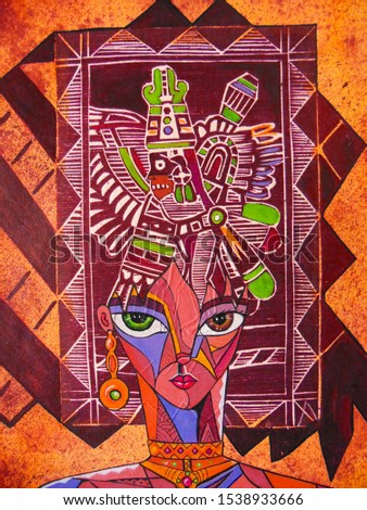 Girl portrait lovely aztec hair style. Cubism illustration  