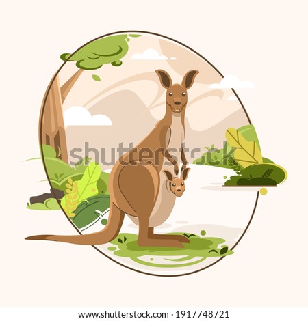 Baby kangoroo and its mother flat illustration