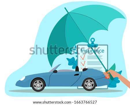 Flat vector illustration.Hand holding an umbrella over the car. Car insurance concept.