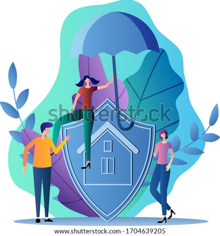 Property insurance.People stand near a shield with the insurance logo.Flat vector illustration in a modern style.