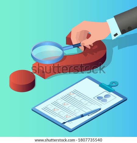 Hand on the background of a large question mark.Personnel selection.Concept of questions asked when applying for a job.Isometric vector illustration.