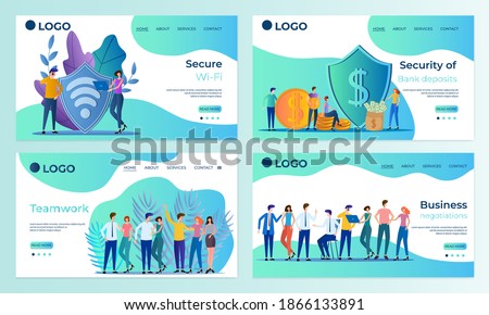 A set of landing page templates.Secure WI-FI,Bank Deposit Protection, Teamwork, Business negotiations.Templates for use in mobile app development.Flat vector illustration.