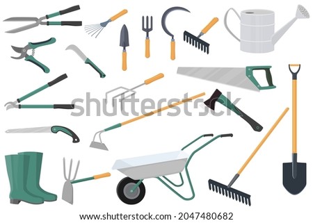 Garden equipment .A set of vector illustrations on the topic of gardening.Shovel, rake,hoe, fork pruners, garden scissors, garden wheelbarrow, watering can, rubber boots, garden hacksaws and axe.