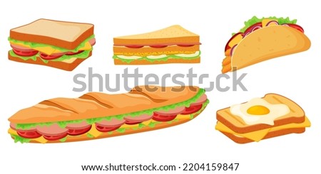 A set of sandwiches and toast.Juicy delicious sandwiches with bacon, cheese, sausage and vegetables.Vector illustration on a white background.