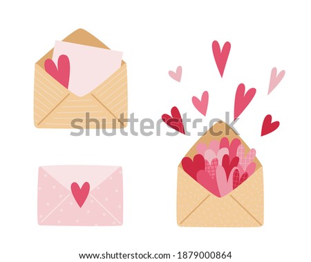 Vector set of craft envelopes with pink and red hearts. Festive heart confetti. Valentine's day vector illustration for design.