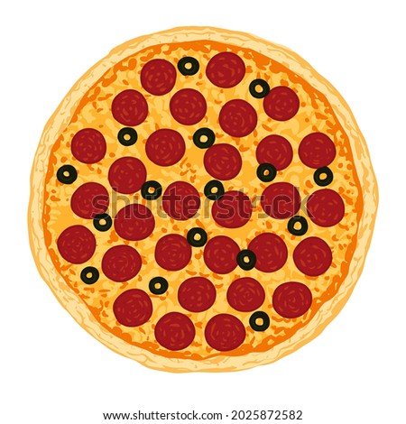 Pizza topped with mozzarella cheese, pepperoni and black olive. Vector illustration of hand drawn Pepperoni pizza. 