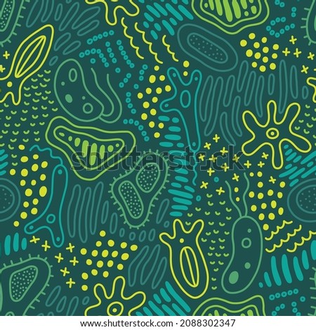 Abstract doodle pattern with microbe, virus, bacteria. Vector seamless background with fantasy microorganism, mold, cell, germ, probiotic etc. 