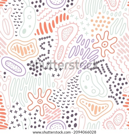 Abstract doodle pattern with microbe, virus, bacteria. Vector seamless background with fantasy microorganism, mold, cell, germ, probiotic etc. 