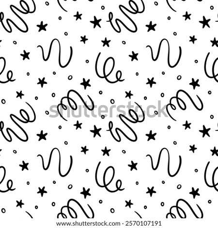 Vector seamless doodle pattern with stars, serpentine confetti, ribbon confetti, dots, sprinkles. Cute background for wrapping paper, wrapper, packaging, celebration pattern, fabric print, etc.