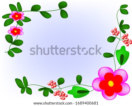 illustration festive postcards of a large red-pink flower on the right, branches with leaves on the sides, red berries, on the left two small flowers with branches and leaves, on a white-blue backgro