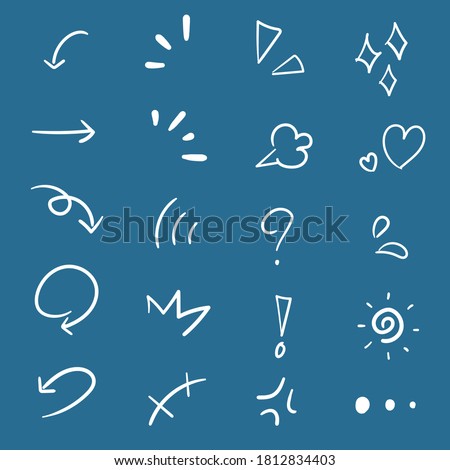 Collection of hand drawn cartoon style element, decorative brush stroke lines, directional arrows, animation expressions effects