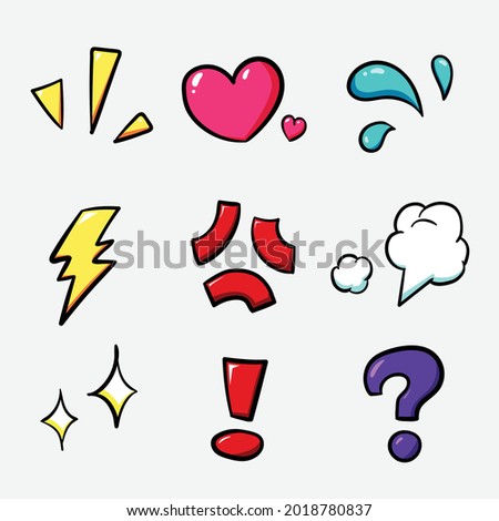 A vector collection of colorful hand drawn various cartoon exaggerating expression effects element such as surprise, love, sweat and more