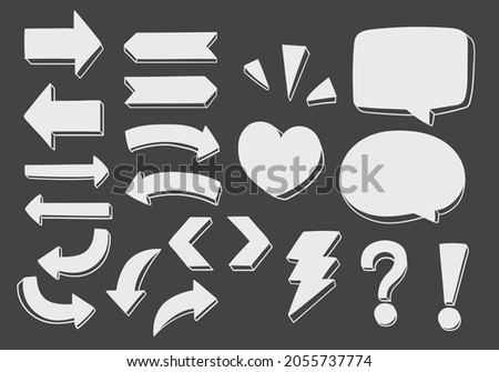 Vector set of hand drawn dimensional doodle including 
directional arrows, signs, symbols and speech bubbles.