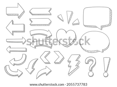 Vector set of hand drawn dimensional doodle including 
directional arrows, signs, symbols and speech bubbles.