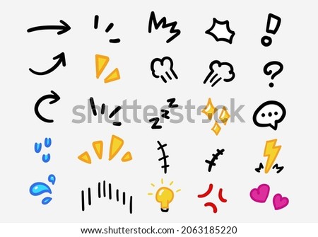 Vector set of hand-drawn cartoony expression sign doodle, curve directional arrows, emoticon effects design elements, cartoon character emotion symbols, cute decorative brush stroke lines. Stockfoto © 