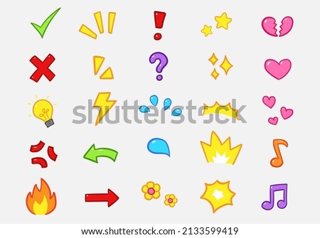 Vector set of hand-drawn cartoony expression sign doodle, directional arrows, emoticon effects design elements, cartoon character emotion symbols, cute decorative drawing.