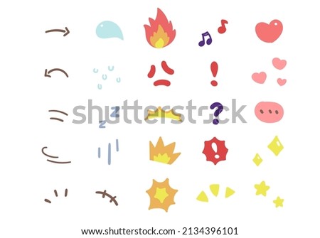 Vector set of hand-drawn cartoony expression sign doodle, curve directional arrows, emoticon effects design elements, cartoon character emotion symbols, cute decorative message speech bubble.