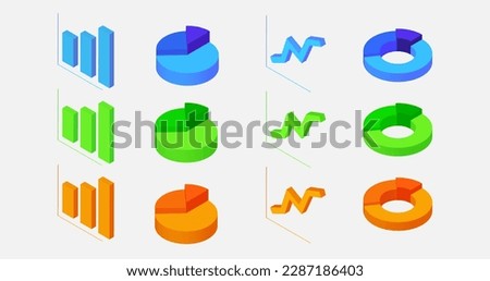 Vector of 4 type of chart (Column, pie, line and doughnut) in 3D isometric style with 3 color option.