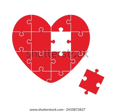 Red heart puzzle with one missed piece. Vector illustration. Symbol of love. Isolated object on white background.