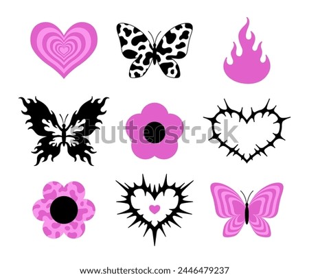Y2k glamour sticker set. Butterfly, heart, flower, fire, flame, tattoo. 2000s style. Vector set. 90s, 00s aesthetic. Pink and black.