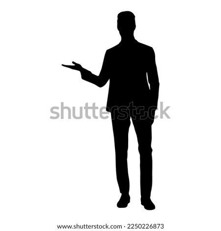 A business man stands with one hand extended to the side. Image of a black shadow. Isolate on a white background. Vector image.