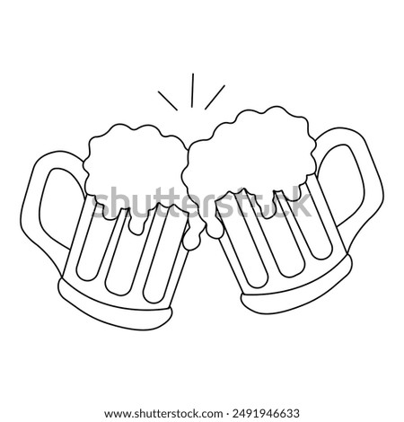 Two beer mugs, knocking on each other, toast, doodles illustration of a holiday, fun, with alcohol, a splash of beer foam.