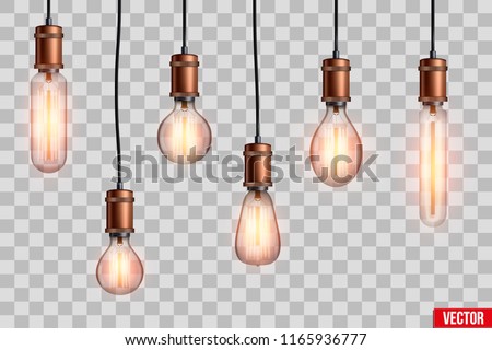 Decorative Retro design edison light bulb set. Lamps of different shapes. Vintage and antique style with copper. For loft and cafe. Vector Illustration isolated on transparent background.