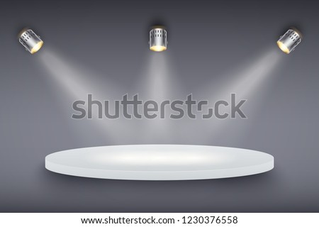 Light box with Black and white presentation circle platform on light backdrop with three spotlights. Editable Background Vector illustration.