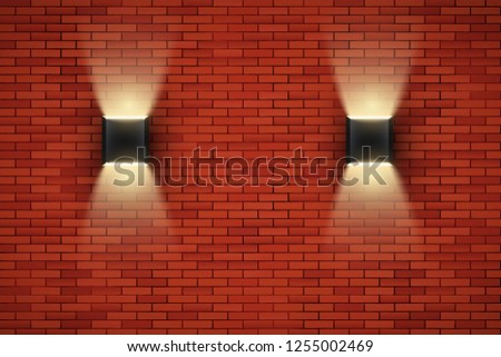 Interior of red brick wall with sconce lamps. Vintage loft room and fashion interior. Vector Illustration