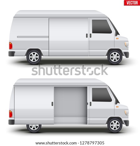 Set of Original classic van white minibus with door open. Cargo and service van transportation. Editable Vector illustration Isolated on white background.