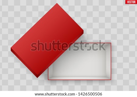 Blank of Opened Red Shoes Box With Lid. Mockup Rectangle Paper box container. Vector Illustration isolated on transparent background.