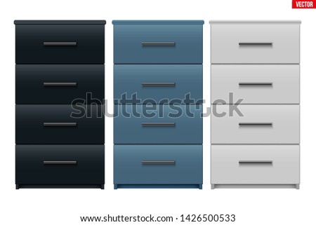 Set of Office Cabinet with drawers. Filing cabinet with four drawers. Metallic and Black and White color. Sample Furniture Workplace Interior element. Vector Illustration isolated on white background