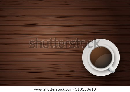 Top view of cup of coffee or tea on the table dark wood with space for text