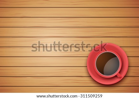 Top view of cup of coffee or tea on the table light wood with space for text