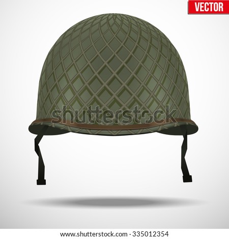Military US green helmet infantry with net of WWII. Metallic army symbol of defense. Vector illustration Isolated on white background. 