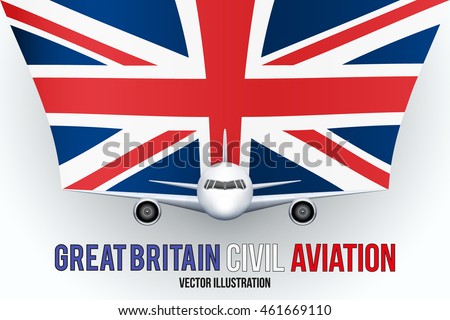 Front view of Civil Aircraft with flag of Great Britain. Public or private plane. For business and travel design. Vector Illustration isolated on background.