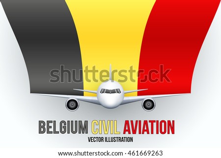 Front view of Civil Aircraft with flag of Belgium. Public or private plane. For business and travel design. Vector Illustration isolated on background.