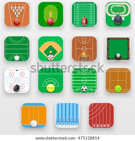 Set of Square icons with sports field end equipment. Vector Illustration isolated on background.