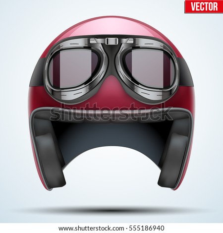Vintage red motorcycle classic helmet with goggles. Transportation industry. Vector illustration isolated on background,