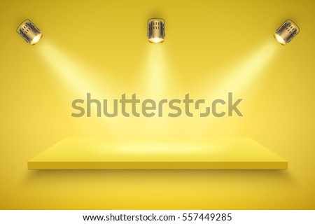 Light box with yellow platform on yellow backdrop with three spotlights. Editable Background Vector illustration.