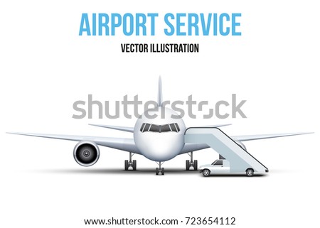 Illustration of Airport service. Front view of Civil Aircraft standing on the chassis and service stair car. Public or private plane. Vector isolated on background.