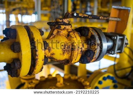 Rust damage paint and corrosion flange and bolt nut on pipeline valve drain industrial. Stock foto © 