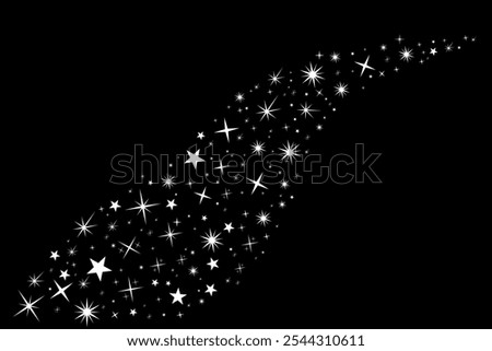 Shooting white Stars. Stars with elegant star trail on black background. Festive star sprinkles, powder, sparkles. Vector illustration